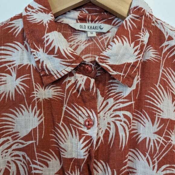 Old Khaki Top Women's 10 Jungle Foliage Button-Up Waist-Tie Orange/White Safari - Picture 8 of 16